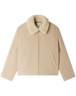 Sandro Shearling-Collar Zip-Up Jacket - Natural