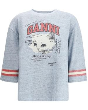 Ganni Print Striped Sleeve T-Shirt - Blue