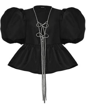 ANOUKI Puff-Sleeve Tie-Front Blouse - Black