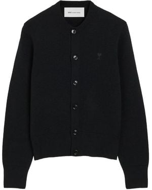 Ami Paris Crewneck Wool Cardigan With Ami De Coeur - Black