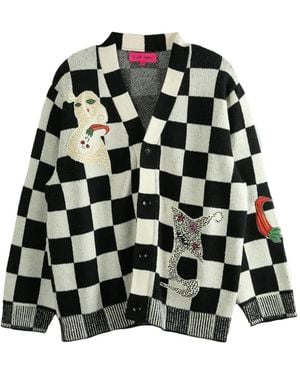 The Elder Statesman Nora Lite Creatures Check-Pattern Embroidered Cardigan - Black
