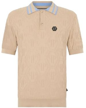 Philipp Plein Knitted Polo T-Shirt Jacquard Monogram - Natural