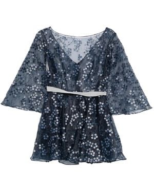 Gemy Maalouf Floral-Embroidered Bell-Sleeve Top - Blue