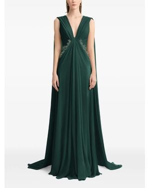 Gemy Maalouf Draped V-Neck Beaded Maxi Dress - Green