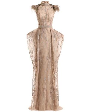 Gemy Maalouf Feather-Trim Hip-Panel Dress - Natural