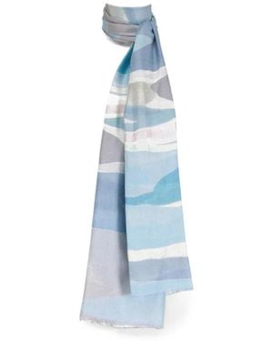 Kinross Cashmere Abstract-Pattern Frayed-Edge Scarf - Blue