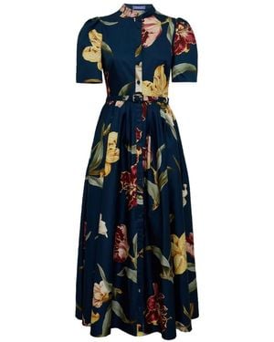 LEO LIN Abito Midi Bianca A Fiori - Blu