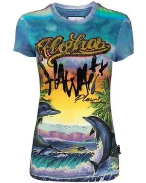 Philipp Plein Pure Hawaii Print T-Shirt - Blue
