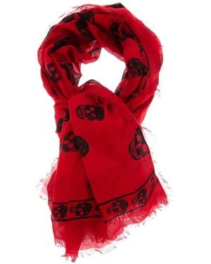 McQueen Skull Frayed Scarf - Red
