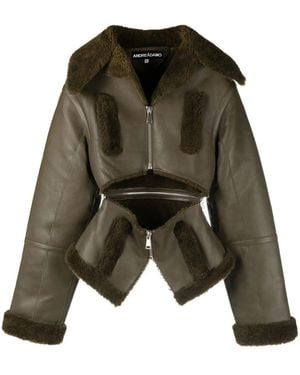 ANDREADAMO Cut-Out Shearling-Trim Leather Jacket - Green