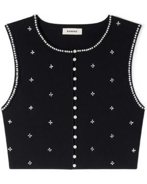 Sandro Floral Strassé Cropped Top - Black