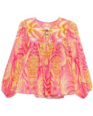 FARM Rio Pineapple Tapestry Tassel-Neckline Patterned Top - Pink