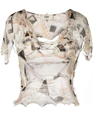 Fendi Abstract-Print Silk Blouse - Natural