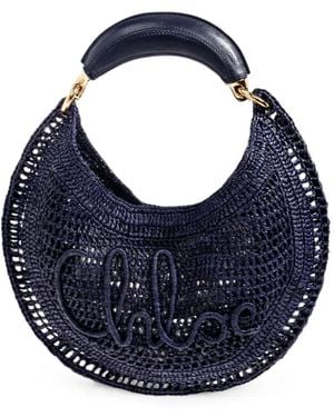 Chloé Summer Banana Logo-Embroidered Raffia Tote Bag - Blu