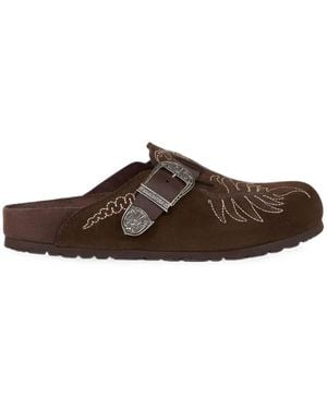 Birkenstock Boston Embroidered Suede Mules - Brown