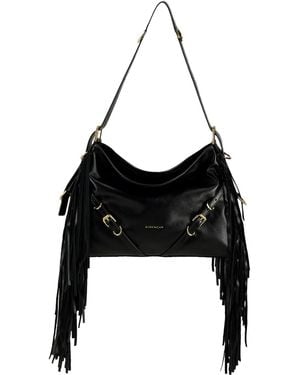 Givenchy Voyou Medium Calf Leather Shoulder Bag With Side Fringes And Signature - Black