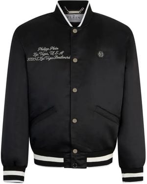 Philipp Plein Shiny Satin Varsity Bomber Signature Las Vegas - Black