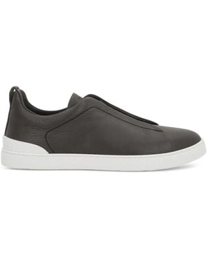 ZEGNA Grained-Leather Elastic-Detail Slip-On Trainers - Grey