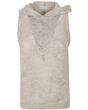 Brunello Cucinelli Sequin-Embellished Open-Knit Vest - Gray