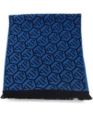 Philipp Plein Logo-Monogram Fringed Scarf - Blue