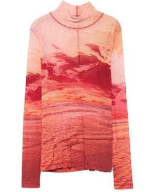 Maison Kitsuné Rollkragen-T-Shirt Aus Mesh Mit Landschafts-Print - Rot
