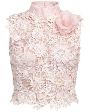 Gemy Maalouf Floral-Lace Peplum Top - Pink