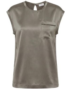 Brunello Cucinelli Monili-Chain Pocket Silk Top - Gray
