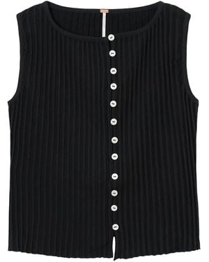 Free People Ribbed Buttoned Top - Black