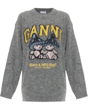 Ganni Logo-Intarsia Knitted Sweater - Grey