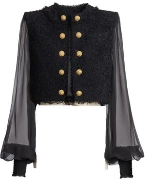 Balmain Cropped Tweed And Muslin Jacket - Black