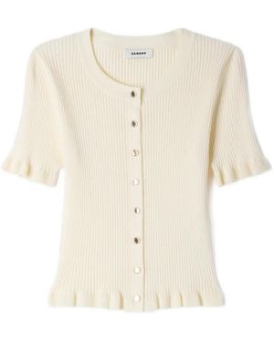 Sandro Ruffle-Trim Ribbed-Knit Cardigan - White