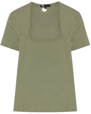 Maje Square Neck Ribbed T-Shirt - Green