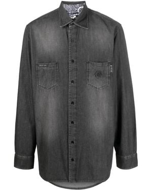 Philipp Plein Rhinestone Skull-Print Denim Shirt - Grey