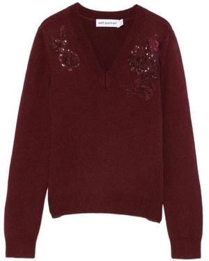 Self-Portrait Burgundy Flower Wool Sweater - Red