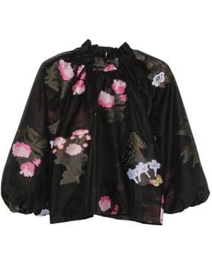 Cynthia Rowley Floral-Embroidered Puff-Sleeve Blouse - Black