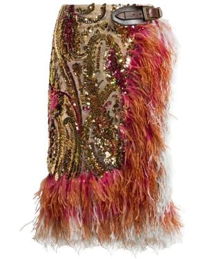Etro Sequined Skirt With Feather Trim - Red