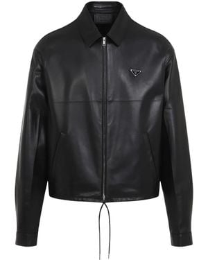 Prada Cropped Leather Coat With Design - Schwarz