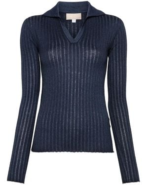 120% Lino Ribbed-Knit Polo Top - Blue