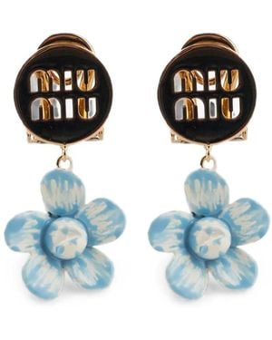 Miu Miu Flower-Pendant Logo-Plaque Earrings - Blue