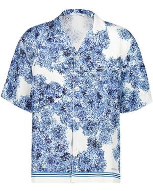 Givenchy Couture Seam Pompom Flower-Print Silk Bowling Shirt - Blue