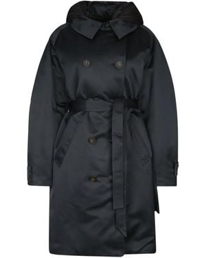 Add Hooded Double-Breasted Trench Coat - Black