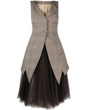 Moschino Glen Plaid Tulle-Underlayer Midi Dress - Brown
