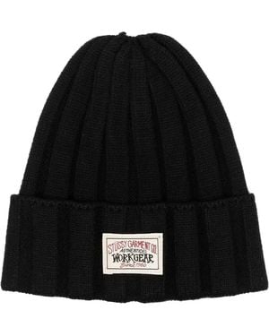 Stussy Ribbed-Knit Logo-Patch Beanie - Black