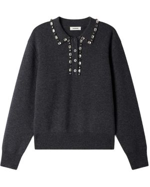 Sandro Crystal-Embellished Polo Sweater - Blue