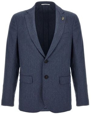 Pal Zileri Brera Brooch-Detail Herringbone-Pattern Blazer - Blue