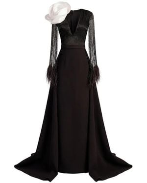 Gatti Nolli by Marwan Flower-Detail Fringed Mermaid Gown - Black