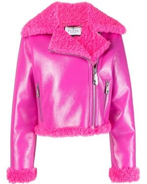 Philipp Plein Faux Shearling-Trim Biker Jacket - Pink