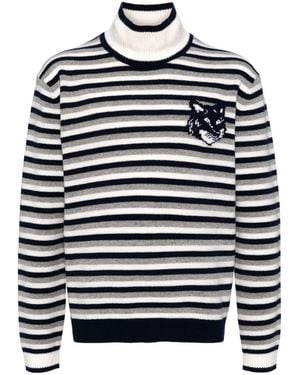 Maison Kitsuné Fox Head Intarsia Striped Jumper - Blue