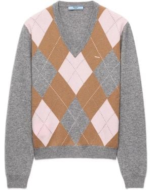 Prada Argyle Cashmere V-Neck Sweater - White