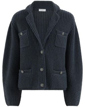 Brunello Cucinelli Cashmere Feather Yarn English Rib Cardigan - Blue